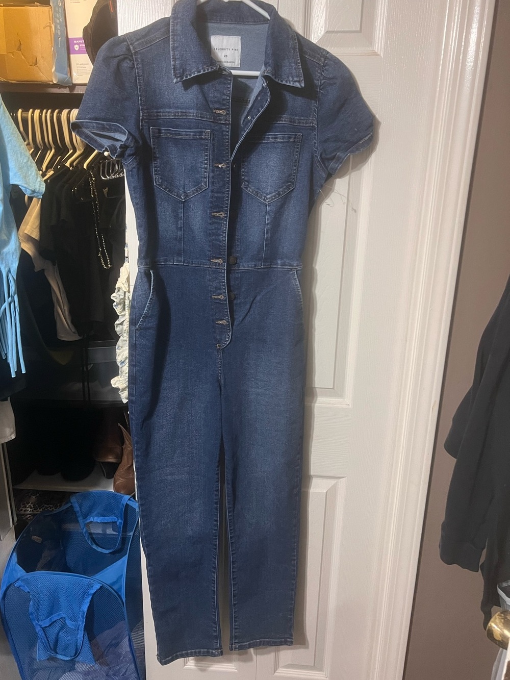Celebrity Pink Dark Blue Short-Sleeve Denim Jumpsuit